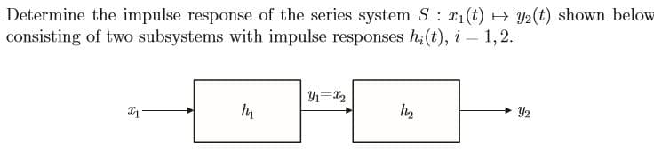 Determine the impulse response of the series system S 1(t)y2(t) shown below
consisting of two subsystems with impulse responses h (t), i = 1,2
2
1
