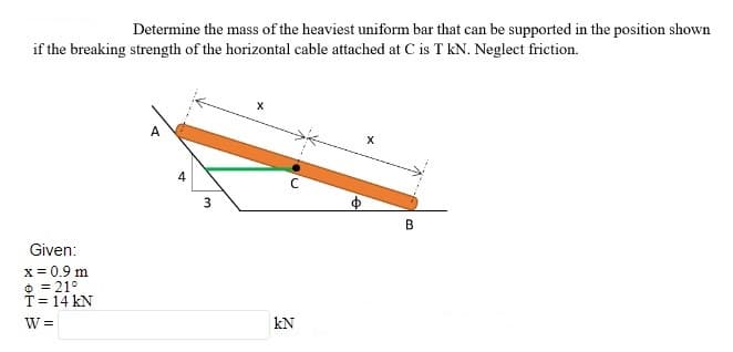 Determine the mass of the heaviest uniform bar that can be supported in the position shown
SS
if the breaking strength of the horizontal cable attached at C is T kN. Neglect friction.
4
В
Given:
x = 0.9 m
O = 21°
T = 14 kN
W =
kN
