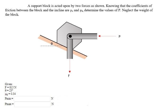 A support block is acted upon by two forces as shown. Knowing that the coefficients of
friction between the block and the incline are µ, and uk, determine the values of P. Neglect the weight of
the block.
F
Given:
F= 815 N
e = 23°
Ms = 0.34
Pmin =
Pmax =
