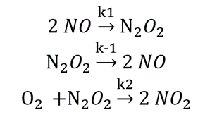 k1
2 NO → N₂0₂
k-1
N₂0₂ → 2 NO
k2
O₂ +N₂022 NO₂