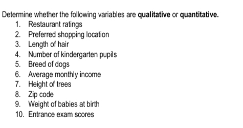Determine whether the following variables are qualitative or quantitative.
1. Restaurant ratings
2. Preferred shopping location
3. Length of hair
4. Number of kindergarten pupils
5. Breed of dogs
6. Average monthly income
7. Height of trees
8. Zip code
9. Weight of babies at birth
10. Entrance exam scores
