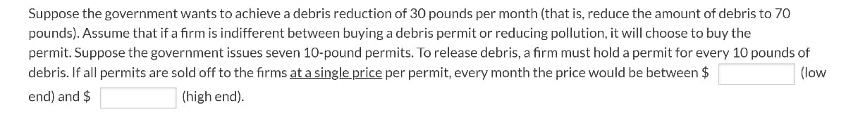 Suppose the government wants to achieve a debris reduction of 30 pounds per month (that is, reduce the amount of debris to 70
pounds). Assume that if a firm is indifferent between buying a debris permit or reducing pollution, it will choose to buy the
permit. Suppose the government issues seven 10-pound permits. To release debris, a firm must hold a permit for every 10 pounds of
debris. If all permits are sold off to the firms at a single price per permit, every month the price would be between $
(low
end) and $
(high end).