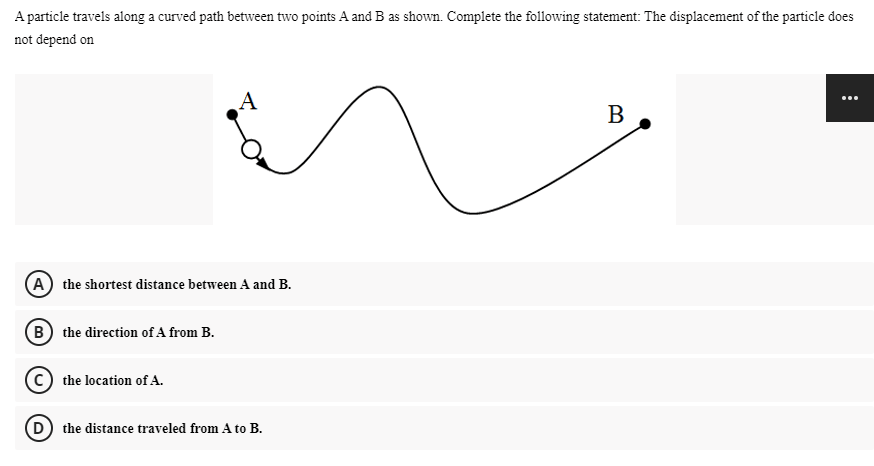 A particle travels along a curved path between two points A and B as shown. Complete the following statement: The displacement of the particle does
not depend on
A
В
(A) the shortest distance between A and B.
(B) the direction of A from B.
the location of A.
(D) the distance traveled from A to B.
