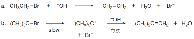 a. CH3CH₂-Br + -OH
b. (CH3)3C-Br
slow
(CH3)3C+
+ Br
CH₂=CH₂ + H₂O + Br
TOH
fast
(CH3)2C=CH₂ + H₂O