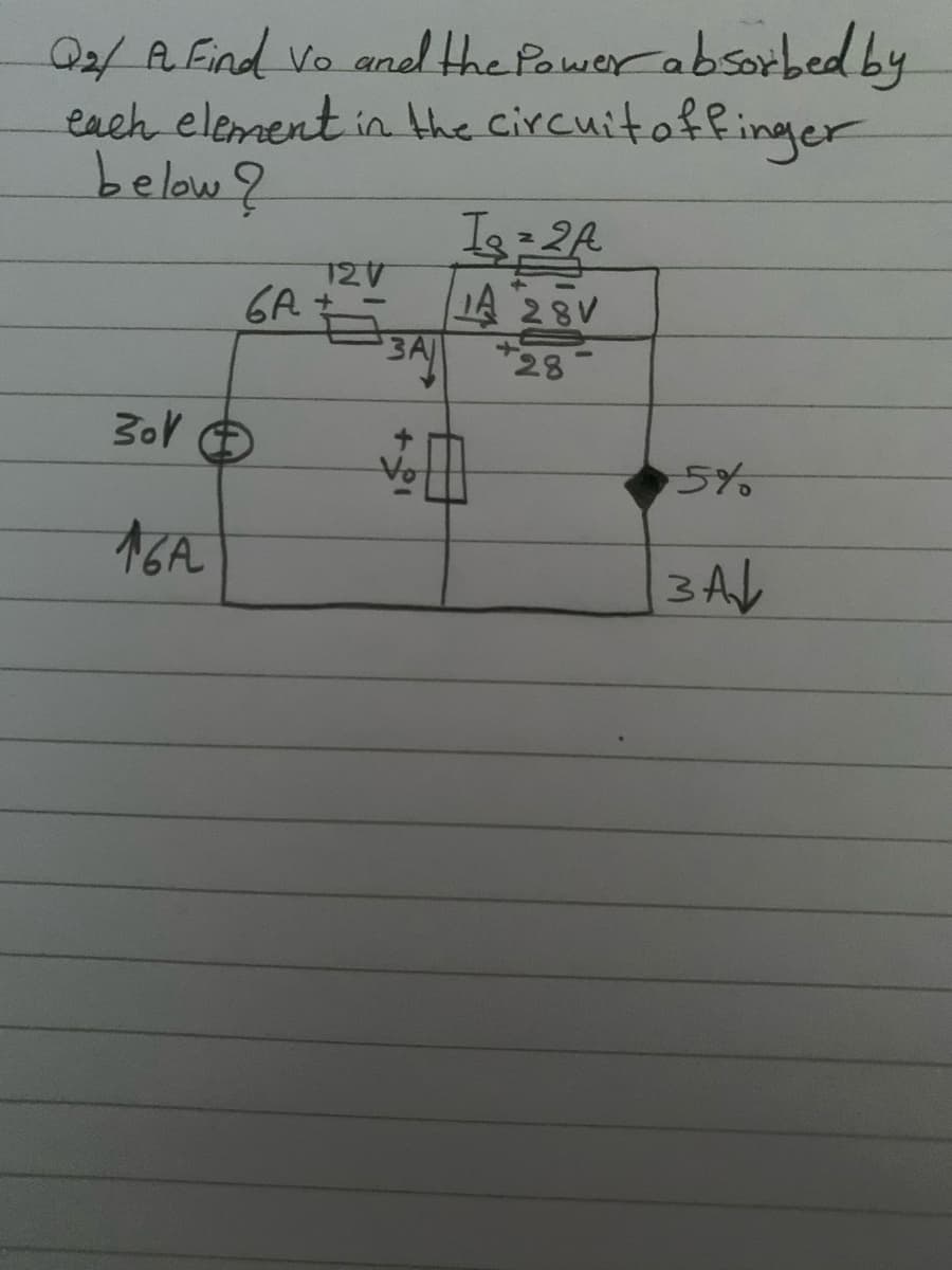 / A Eind vo aned the Pawer absorbed by
each element in the circuitoffinger
below?
12V
6A
A 28V
3A 28
5%
