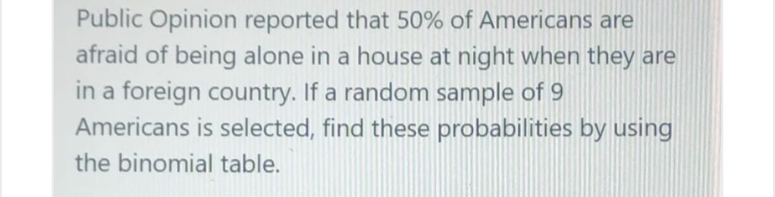 Public Opinion reported that 50% of Americans are
afraid of being alone in a house at night when they are
in a foreign country. If a random sample of 9
Americans is selected, find these probabilities by using
the binomial table.
