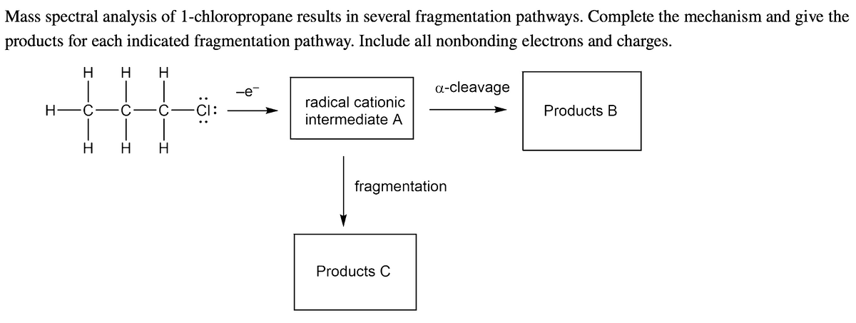 Mass spectral analysis of 1-chloropropane results in several fragmentation pathways. Complete the mechanism and give the
products for each indicated fragmentation pathway. Include all nonbonding electrons and charges.
H H H
t
H-C
-C- C CI
H H H
radical cationic
intermediate A
a-cleavage
fragmentation
Products C
Products B