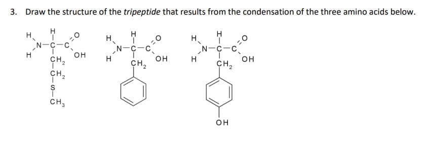 3. Draw the structure of the tripeptide that results from the condensation of the three amino acids below.
H
H.
N-C-c
H
H.
N-C-c
H
H.
N-C-c
он
CH2
H
он
CH2
он
CH2
H
CH2
CH,
он
