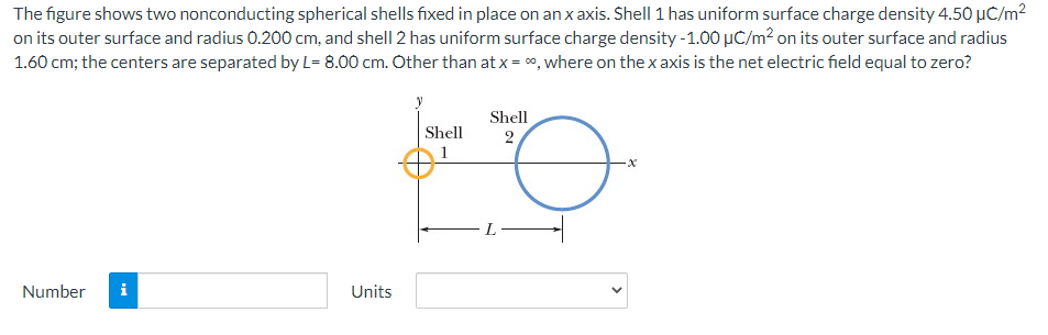 The figure shows two nonconducting spherical shells fixed in place on an x axis. Shell 1 has uniform surface charge density 4.50 µC/m²
on its outer surface and radius 0.200 cm, and shell 2 has uniform surface charge density -1.00 µC/m? on its outer surface and radius
1.60 cm; the centers are separated by L= 8.00 cm. Other than at x = 0, where on the x axis is the net electric field equal to zero?
Shell
Shell
2
1
Number
i
Units
