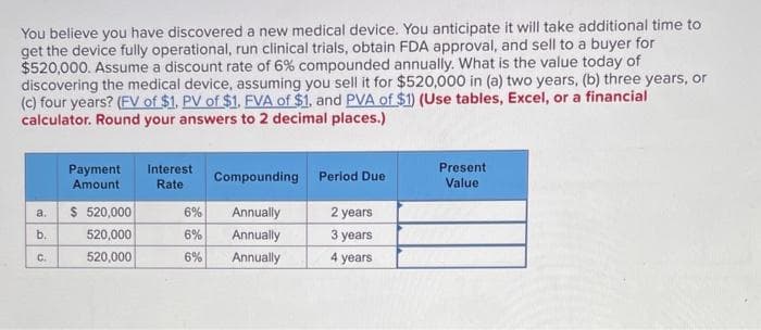 You believe you have discovered a new medical device. You anticipate it will take additional time to
get the device fully operational, run clinical trials, obtain FDA approval, and sell to a buyer for
$520,000. Assume a discount rate of 6% compounded annually. What is the value today of
discovering the medical device, assuming you sell it for $520,000 in (a) two years, (b) three years, or
(c) four years? (FV of $1. PV of $1. FVA of $1. and PVA of $1) (Use tables, Excel, or a financial
calculator. Round your answers to 2 decimal places.)
a.
b.
C.
Payment
Amount
$ 520,000
520,000
520,000
Interest
Rate
Compounding Period Due
6% Annually
6%
Annually
6% Annually
2 years
3 years
4 years
Present
Value