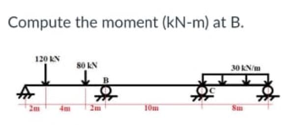 Compute the moment (kN-m) at B.
120 kN
80 kN
30 KN/m
B
2m
Tom
Sm
