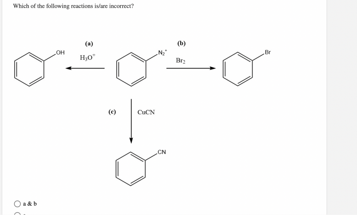 Which of the following reactions is/are incorrect?
(a)
(b)
„N2*
Br
Но
H3O*
Br2
(c)
CUCN
CN
a & b
