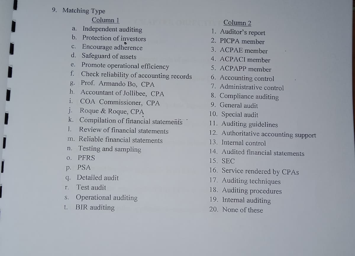 9. Matching Type
PORORIDCTIV Column 2
1. Auditor's report
Column 1
a. Independent auditing
b. Protection of investors
2. PICPA member
C. Encourage adherence
d. Safeguard of assets
Promote operational efficiency
Check reliability of accounting records
g. Prof. Armando Bo, CPA
h. Accountant of Jollibee, CPA
3. ACPAE member
4. ACPACI member
e.
5. ACPAPP member
f.
6. Accounting control
7. Administrative control
8. Compliance auditing
9. General audit
10. Special audit
11. Auditing guidelines
12. Authoritative accounting support
i.
COA Commissioner, CPA
j. Roque & Roque, CPA
k. Compilation of financial statemeñis
1.
Review of financial statements
m. Reliable financial statements
13. Internal control
n. Testing and sampling
14. Audited financial statements
o. PFRS
15. SEC
p. PSA
q. Detailed audit
16. Service rendered by CPAS
17. Auditing techniques
18. Auditing procedures
19. Internal auditing
r.
Test audit
s. Operational auditing
BIR auditing
t.
20. None of these
