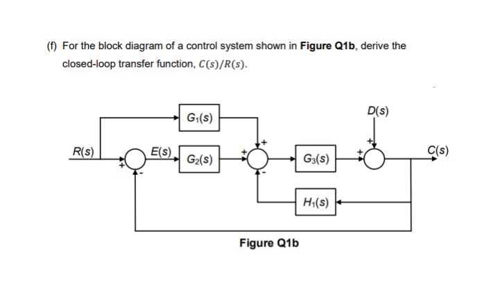 (f) For the block diagram of a control system shown in Figure Q1b, derive the
closed-loop transfer function, C(s)/R(s).
D(s)
G(s)
R(s)
E(s)
C(s)
G2(s)
G3(s)
H;(s)
Figure Q1b
