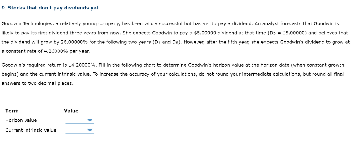 9. Stocks that don't pay dividends yet
Goodwin Technologies, a relatively young company, has been wildly successful but has yet to pay a dividend. An analyst forecasts that Goodwin is
likely to pay its first dividend three years from now. She expects Goodwin to pay a $5.00000 dividend at that time (D3 = $5.00000) and believes that
the dividend will grow by 26.00000% for the following two years (D4 and Ds). However, after the fifth year, she expects Goodwin's dividend to grow at
a constant rate of 4.26000% per year.
Goodwin's required return is 14.20000%. Fill in the following chart to determine Goodwin's horizon value at the horizon date (when constant growth
begins) and the current intrinsic value. To increase the accuracy of your calculations, do not round your intermediate calculations, but round all final
answers to two decimal
places.
Term
Horizon value
Current intrinsic value
Value
