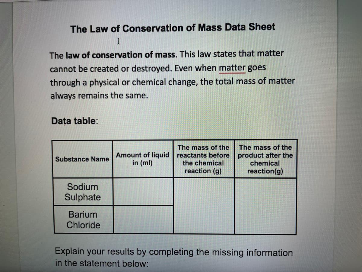 The Law of Conservation of Mass Data Sheet
The law of conservation of mass. This law states that matter
cannot be created or destroyed. Even when matter goes
through a physical or chemical change, the total mass of matter
always remains the same.
Data table:
The mass of the
Amount of liquid reactants before
the chemical
The mass of the
product after the
chemical
Substance Name
in (ml)
reaction (g)
reaction(g)
Sodium
Sulphate
Barium
Chloride
Explain your results by completing the missing information
in the statement below:
