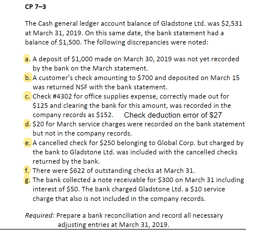 CP 7-3
The Cash general ledger account balance of Gladstone Ltd. was $2,531
at March 31, 2019. On this same date, the bank statement had a
balance of $1,500. The following discrepancies were noted:
a. A deposit of $1,000 made on March 30, 2019 was not yet recorded
by the bank on the March statement.
b. A customer's check amounting to $700 and deposited on March 15
was returned NSF with the bank statement.
c. Check #4302 for office supplies expense, correctly made out for
$125 and clearing the bank for this amount, was recorded in the
Check deduction error of $27
company records as $152.
d. $20 for March service charges were recorded on the bank statement
but not in the company records.
e. A cancelled check for $250 belonging to Global Corp. but charged by
the bank to Gladstone Ltd. was included with the cancelled checks
returned by the bank.
f. There were $622 of outstanding checks at March 31.
g. The bank collected a note receivable for $300 on March 31 including
interest of $50. The bank charged Gladstone Ltd. a $10 service
charge that also is not included in the company records.
Required: Prepare a bank reconciliation and record all necessary
adjusting entries at March 31, 2019.
