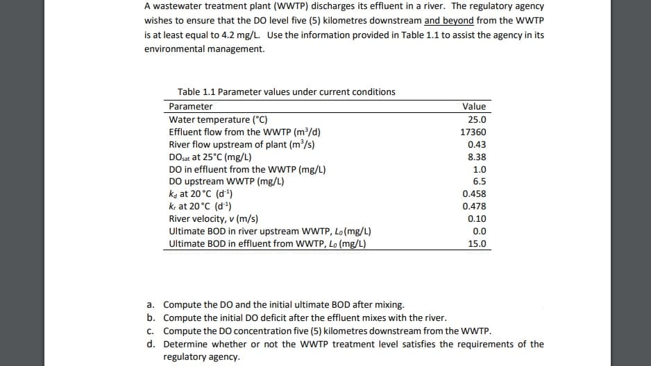 A wastewater treatment plant (WWTP) discharges its effluent in a river. The regulatory agency
wishes to ensure that the DO level five (5) kilometres downstream and beyond from the WWTP
is at least equal to 4.2 mg/L. Use the information provided in Table 1.1 to assist the agency in its
environmental management.
Table 1.1 Parameter values under current conditions
Value
Parameter
Water temperature (°C)
Effluent flow from the WWTP (m³/d)
River flow upstream of plant (m/s)
DOsat at 25°C (mg/L)
DO in effluent from the WWTP (mg/L)
DO upstream WWTP (mg/L)
ka at 20°C (d)
k, at 20°C (d)
River velocity, v (m/s)
Ultimate BOD in river upstream WWTP, Lo(mg/L)
Ultimate BOD in effluent from WWTP, Lo (mg/L)
25.0
17360
0.43
8.38
1.0
6.5
0.458
0.478
0.10
0.0
15.0
a. Compute the DO and the initial ultimate BOD after mixing.
b. Compute the initial DO deficit after the effluent mixes with the river.
c. Compute the DO concentration five (5) kilometres downstream from the WWTP.
d. Determine whether or not the WWTP treatment level satisfies the requirements of the
regulatory agency.
