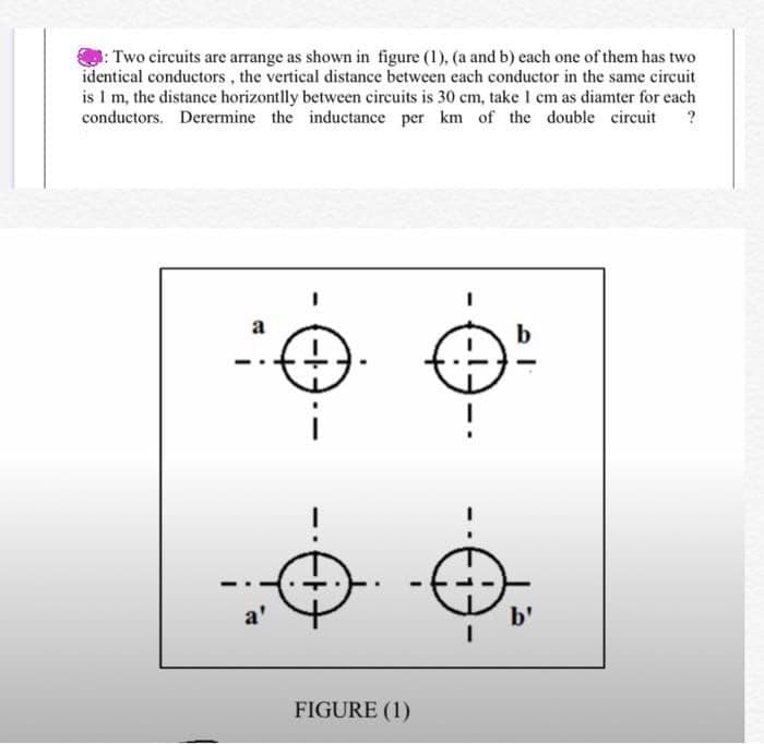 :Two circuits are arrange as shown in figure (1), (a and b) each one of them has two
identical conductors, the vertical distance between each conductor in the same circuit
is 1 m, the distance horizontlly between circuits is 30 cm, take 1 cm as diamter for each
conductors. Derermine the inductance per km of the double circuit ?
a
a'
b'
FIGURE (1)
--
