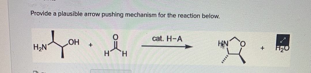 Provide a plausible arrow pushing mechanism for the reaction below.
cat. H-A
H2N
HAN
+
