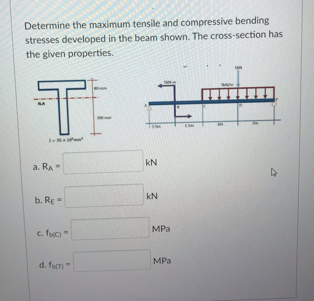 Determine the maximum tensile and compressive bending
stresses developed in the beam shown. The cross-section has
the given properties.
NA
1-35 x 10mm
a. RA =
b. RE=
c. fb(c) =
d. fb(T) =
80 mm
200 mm
A
1.5m
kN
KN
5kN m
MPa
MPa
B
1.5m
SkN/m
2m
5KN
n
2m
4