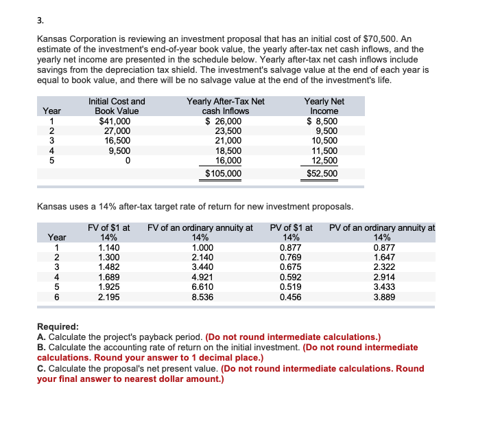 3.
Kansas Corporation is reviewing an investment proposal that has an initial cost of $70,500. An
estimate of the investment's end-of-year book value, the yearly after-tax net cash inflows, and the
yearly net income are presented in the schedule below. Yearly after-tax net cash inflows include
savings from the depreciation tax shield. The investment's salvage value at the end of each year is
equal to book value, and there will be no salvage value at the end of the investment's life.
Yearly After-Tax Net
cash Inflows
Yearly Net
Income
$ 8,500
9,500
10,500
11,500
12,500
Initial Cost and
Book Value
Year
$41,000
27,000
16,500
9,500
$ 26,000
23,500
21,000
18,500
16,000
2
3
4
$105,000
$52,500
Kansas uses a 14% after-tax target rate of return for new investment proposals.
PV of $1 at
14%
FV of $1 at
14%
1.140
1.300
1.482
1.689
1.925
2.195
FV of an ordinary annuity at
14%
1.000
2.140
3.440
4.921
6.610
8.536
PV of an ordinary annuity at
14%
Year
0.877
0.769
0.675
0.592
0.519
0.456
0.877
1.647
2.322
2.914
3.433
3.889
Required:
A. Calculate the project's payback period. (Do not round intermediate calculations.)
B. Calculate the accounting rate of return on the initial investment. (Do not round intermediate
calculations. Round your answer to 1 decimal place.)
C. Calculate the proposal's net present value. (Do not round intermediate calculations. Round
your final answer to nearest dollar amount.)
1234456
