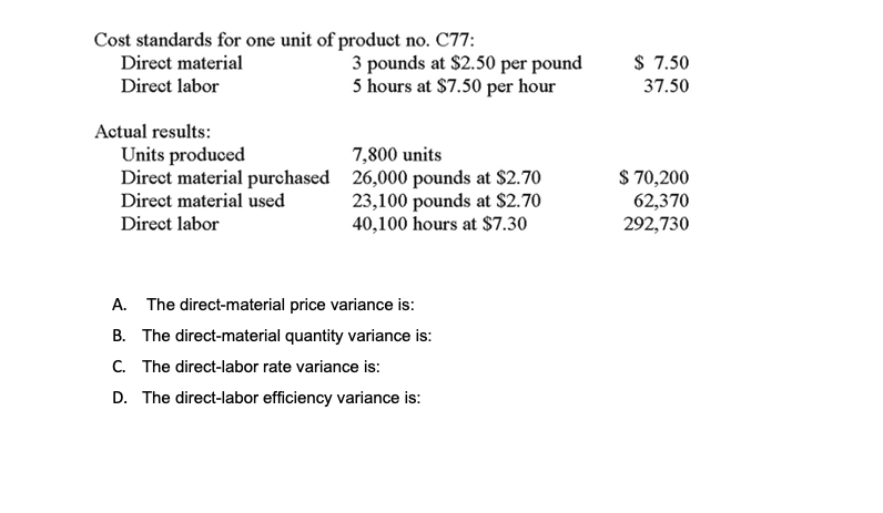Cost standards for one unit of product no. C77:
$ 7.50
3 pounds at $2.50 per pound
5 hours at $7.50 per hour
Direct material
Direct labor
37.50
Actual results:
Units produced
Direct material purchased 26,000 pounds at $2.70
Direct material used
7,800 units
23,100 pounds at $2.70
40,100 hours at $7.30
S 70,200
62,370
292,730
Direct labor
A. The direct-material price variance is:
B. The direct-material quantity variance is:
C. The direct-labor rate variance is:
D. The direct-labor efficiency variance is:
