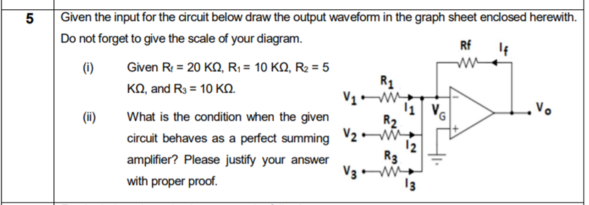 Given the input for the circuit below draw the output waveform in the graph sheet enclosed herewith.
Do not forget to give the scale of your diagram.
Rf
If
Given R = 20 KO, R; = 10 KQ, R2 = 5
KQ, and R3 = 10 KO.
(i)
R1
V1 W
Vo
(ii)
What is the condition when the given
R2
V2
circuit behaves as a perfect summing
12
R3
V3
amplifier? Please justify your answer
with proper proof.
13

