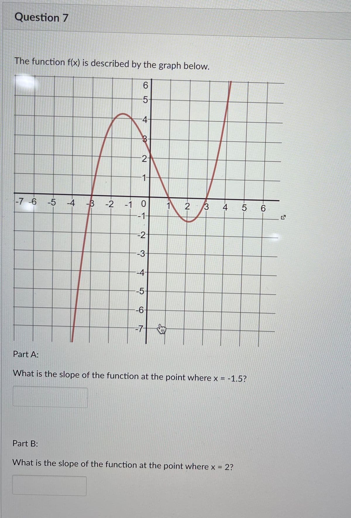 Question 7
The function f(x) is described by the graph below.
6
5
-4-
2
-1-
-7 -6 -5 -4
-2 -1 0
5
-1-
-2-
--3-
--4-
--5-
--6-
-7-
Part A:
What is the slope of the function at the point where x = -1.5?
Part B:
What is the slope of the function at the point where x = 2?
-B
3O
1
2 3
4
6
S