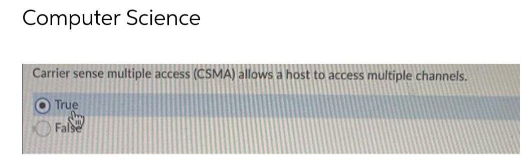 Computer Science
Carrier sense multiple access (CSMA) allows a host to access multiple channels.
True
False
