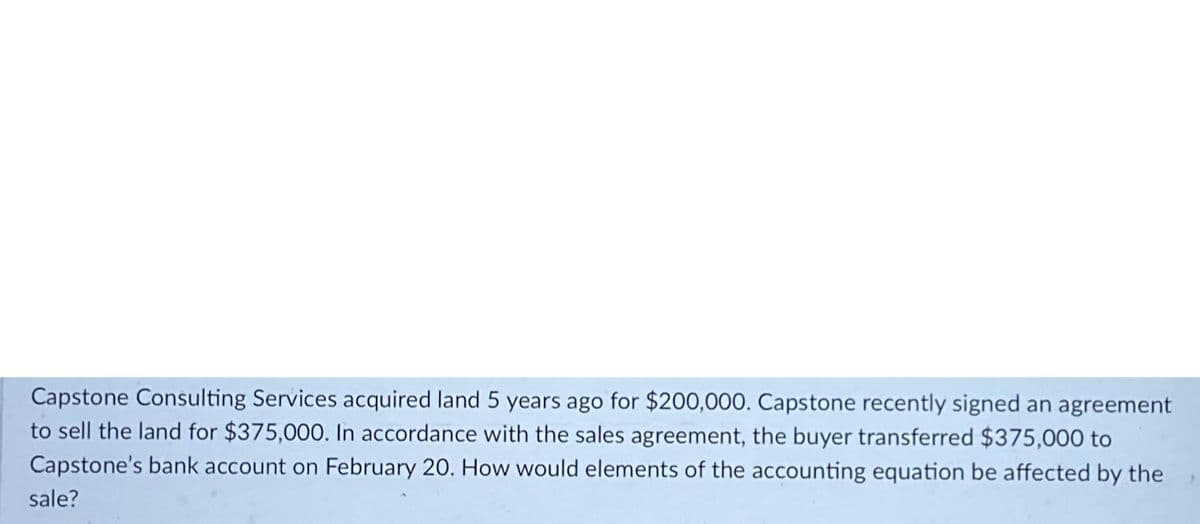 Capstone Consulting Services acquired land 5 years ago for $200,000. Capstone recently signed an agreement
to sell the land for $375,000. In accordance with the sales agreement, the buyer transferred $375,000 to
Capstone's bank account on February 20. How would elements of the accounting equation be affected by the
sale?