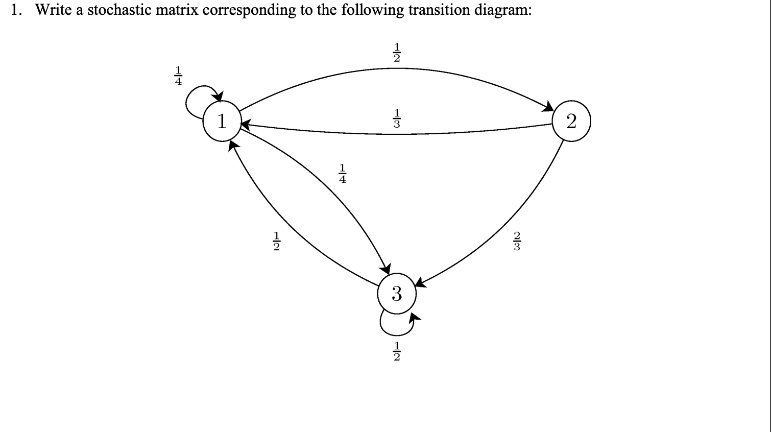 1. Write a stochastic matrix corresponding to the following transition diagram:
3
HIN
그4
