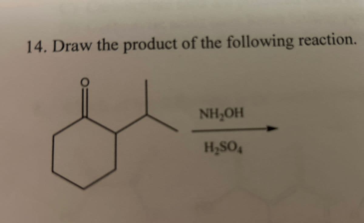 14. Draw the product of the following reaction.
NH₂OH
H₂SO4