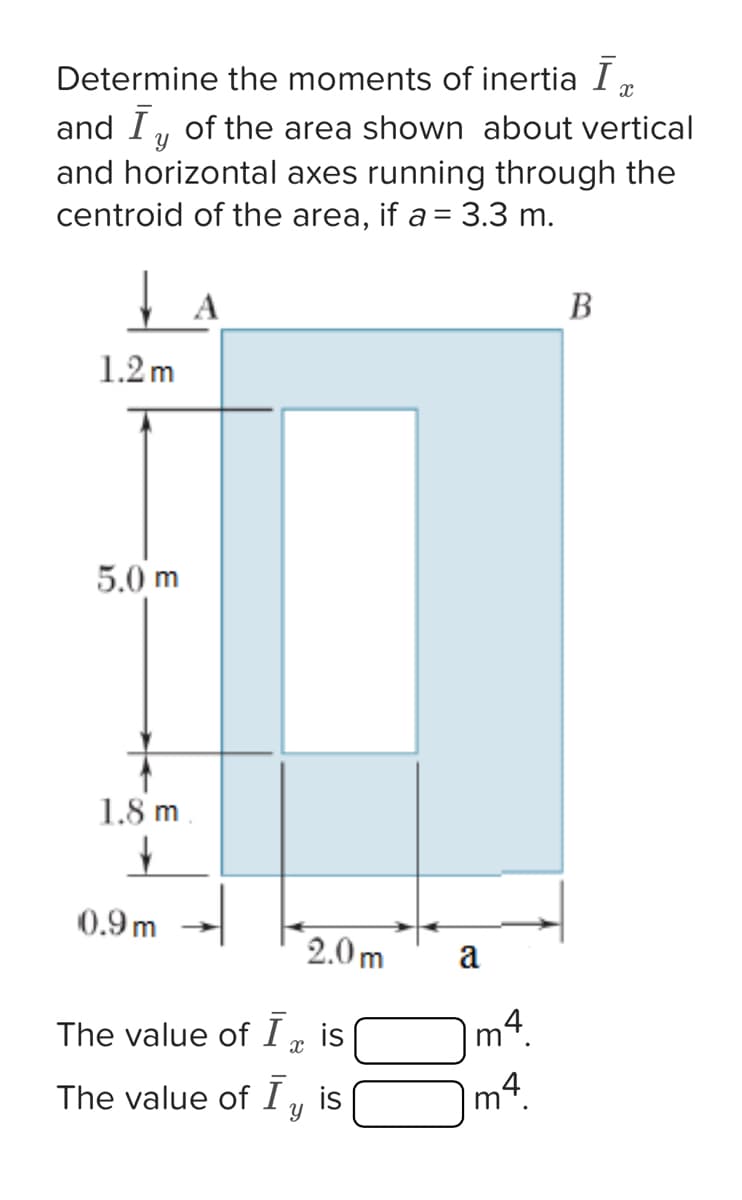 Determine the moments of inertia Ī
and Iy of the area shown about vertical
and horizontal axes running through the
centroid of the area, if a = 3.3 m.
☐ A
B
1.2m
5.0 m
1.8 m
0.9m
2.0m
a
The value of I„ is
x
m4.
The value of Ī,, is
y
m4
