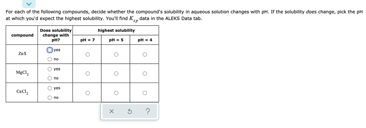 For each of the following compounds, decide whether the compound's solubility in aqueous solution changes with pH. If the solubility does change, pick the pH
at which you'd expect the highest solubility. You'll find Kn data in the ALEKS Data tab.
sp
compound
Zn S
MgCl,
CaCl,
Does solubility
change with
pH?
yes
no
yes
no
yes
no
pH = 7
highest solubility
pH = 5
pH = 4
X Ś ?