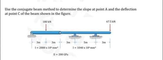 Use the conjugate beam method to determine the slope at point A and the deflection
at point Cof the beam shown in the figure.
180 kN
675 kN
3m
Sm
3m
I= 2080 x 10 mm
1= 1040 x 10* mm
E= 200 GPa

