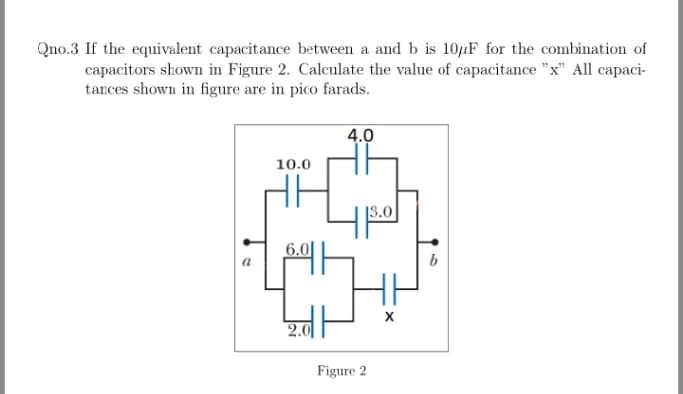 Qno.3 If the equivalent capacitance between a and b is 10„F for the combination of
capacitors shown in Figure 2. Calculate the value of capacitance "x" All capaci-
tances shown in figure are in pico farads.
4.0
10.0
X
2.0
Figure 2
