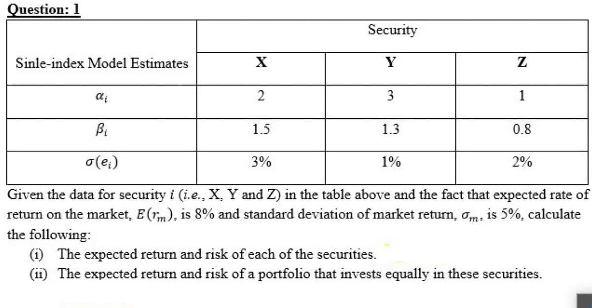 Question: 1
Security
Sinle-index Model Estimates
Y
2
3
1
Bi
1.5
1.3
0.8
o(e;)
3%
1%
2%
Given the data for security i (i.e., X, Y and Z) in the table above and the fact that expected rate of
return on the market, E(rm), is 8% and standard deviation of market return, om, is 5%, calculate
the following:
(i) The expected return and risk of each of the securities.
(11) The expected return and risk of a portfolio that invests equally in these securities.
