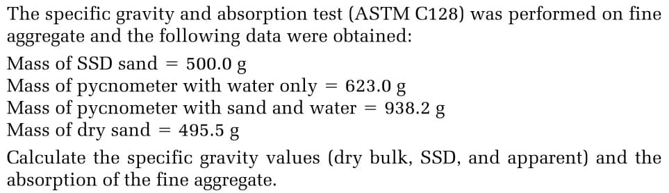 The specific gravity and absorption test (ASTM C128) was performed on fine
aggregate and the following data were obtained:
Mass of SSD sand
500.0 g
Mass of pycnometer with water only = 623.0 g
Mass of pycnometer with sand and water = 938.2 g
495.5 g
Mass of dry sand
Calculate the specific gravity values (dry bulk, SSD, and apparent) and the
absorption of the fine aggregate.
