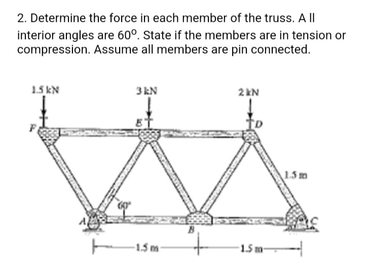 2. Determine the force in each member of the truss. A l|
interior angles are 60°. State if the members are in tension or
compression. Assume all members are pin connected.
1.5 kN
3 kN
2 kN
1.5 m
-1.5 m
1.5 m-
