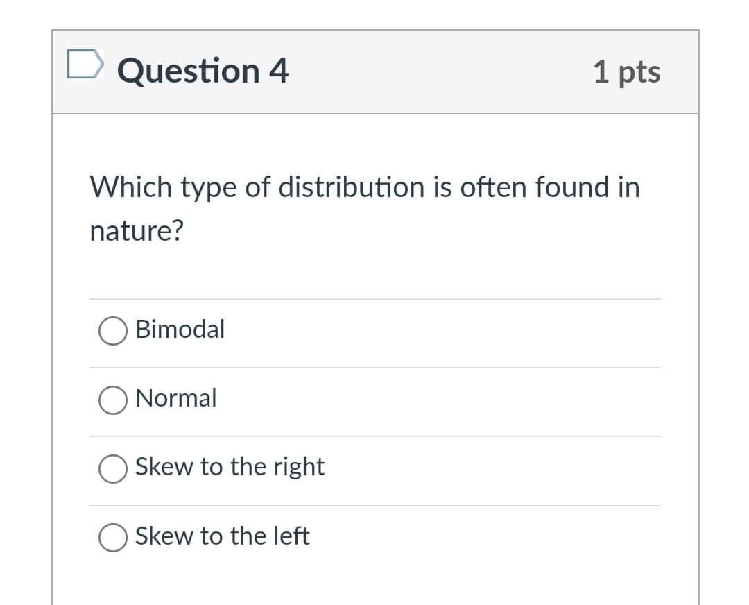 Question 4
1 pts
Which type of distribution is often found in
nature?
Bimodal
Normal
Skew to the right
O Skew to the left
