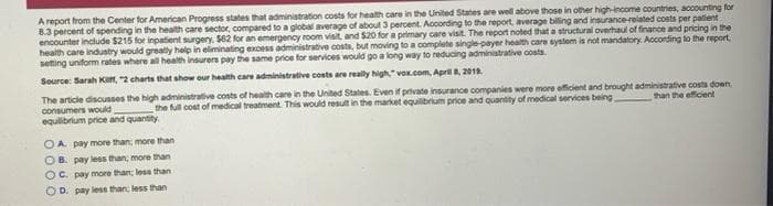 A report from the Center for American Progress states that administration costs for health care in the United States are well above those in other high-income countries, accounting for
8.3 percent of spending in the health care sector, compared to a global average of about 3 percent. According to the report, average billing and insurance-related costs per patient
encounter include $215 for inpatient surgery. $62 for an emergency room visit, and $20 for a primary care visit. The report noted that a structural overhaul of finance and pricing in the
health care industry would greaty help in eliminating excess administrative costs, but moving to a complete single-payer health care system is not mandatory. According to the report.
setting uniform rates where all health insurers pay the same price for services would go a long way to reducing administrative costs.
Source: Sarah Kcan, 2 charts that show our health care administrative costs are really high"vox.com, April 201.
The article discusses the high administrative costs of health care in the United States. Even if private insurance companies were more eficient and brought administrative costs down,
consumers would
equilibrium price and quantity.
the full cost of medical treatment. This would result in the market equilbrium price and quantity of medical services being
than the efficient
O A pay more than; more than
O B. pay less than; more than
O C. pay more than; less than
O D. pay less than: less than
