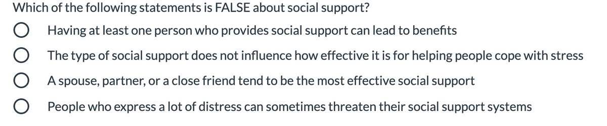 Which of the following statements is FALSE about social support?
Having at least one person who provides social support can lead to benefits
The type of social support does not influence how effective it is for helping people cope with stress
A spouse, partner, or a close friend tend to be the most effective social support
People who express a lot of distress can sometimes threaten their social support systems
