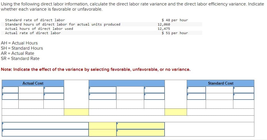 Using the following direct labor information, calculate the direct labor rate variance and the direct labor efficiency variance. Indicate
whether each variance is favorable or unfavorable.
Standard rate of direct labor
Standard hours of direct labor for actual units produced
Actual hours of direct labor used
Actual rate of direct labor
AH = Actual Hours
SH = Standard Hours
AR = Actual Rate
SR = Standard Rate
$ 48 per hour
12,060
12,475
$ 51 per hour
Note: Indicate the effect of the variance by selecting favorable, unfavorable, or no variance.
Actual Cost
Standard Cost