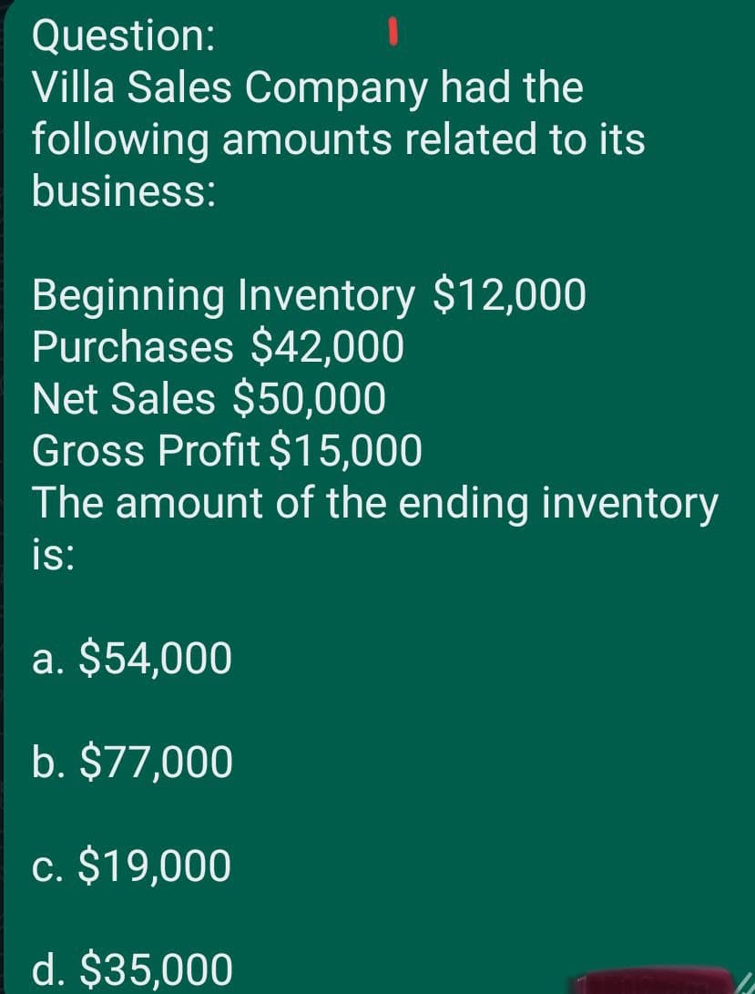 Question:
Villa Sales Company had the
following amounts related to its
business:
Beginning Inventory $12,000
Purchases $42,000
Net Sales $50,000
Gross Profit $15,000
The amount of the ending inventory
is:
a. $54,000
b. $77,000
c. $19,000
d. $35,000