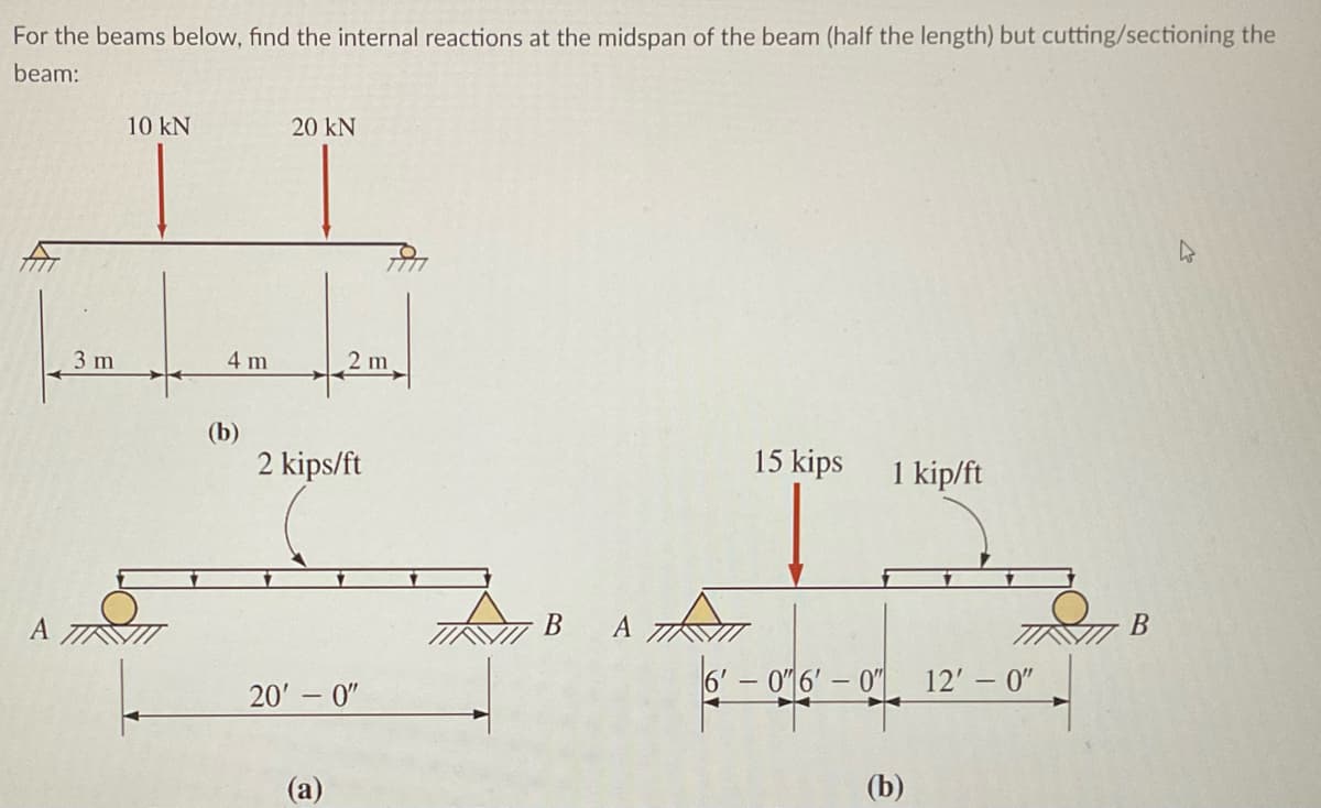 For the beams below, find the internal reactions at the midspan of the beam (half the length) but cutting/sectioning the
beam:
A
3 m
10 kN
4 m
(b)
20 kN
2 m.
2 kips/ft
20'-0"
B A
15 kips
1 kip/ft
IZ
6'-0" 6'-0"
(b)
12'-0"
B
4