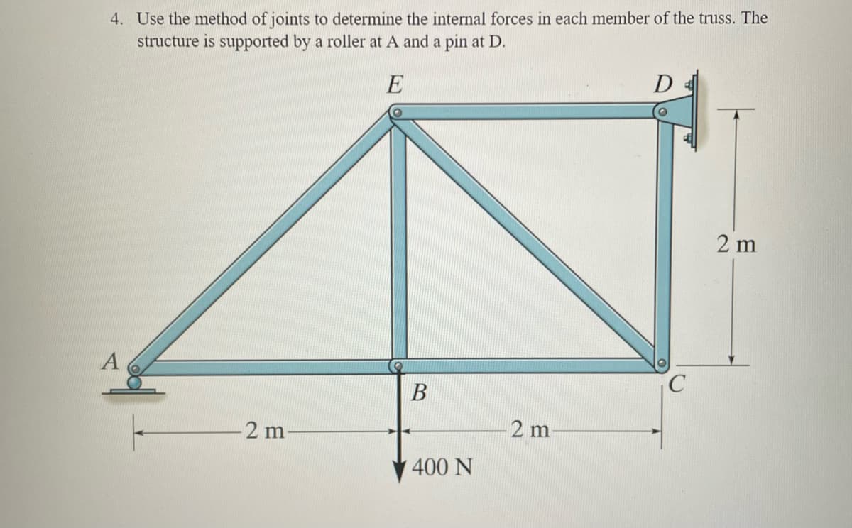 4. Use the method of joints to determine the internal forces in each member of the truss. The
structure is supported by a roller at A and a pin at D.
E
2 m
B
400 N
2 m
D
O
2m