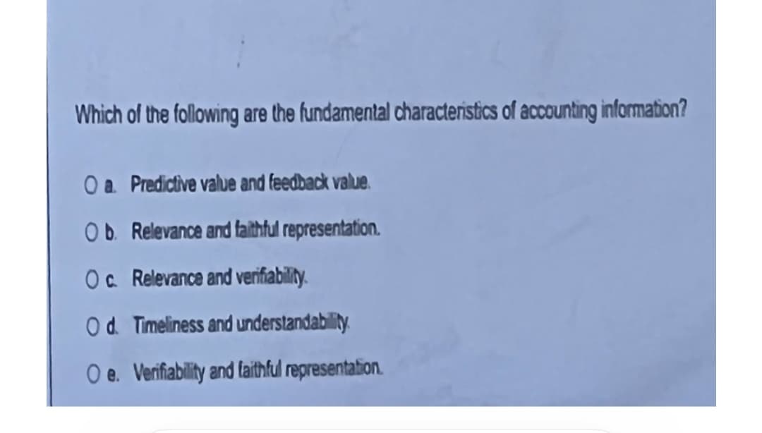 Which of the following are the fundamental characteristics of accounting information?
O a. Predictive value and feedback value.
Ob. Relevance and faithful representation.
Oc Relevance and verifiabilily.
Od. Timeliness and understandability.
O e. Verifiability and taithful representation.
