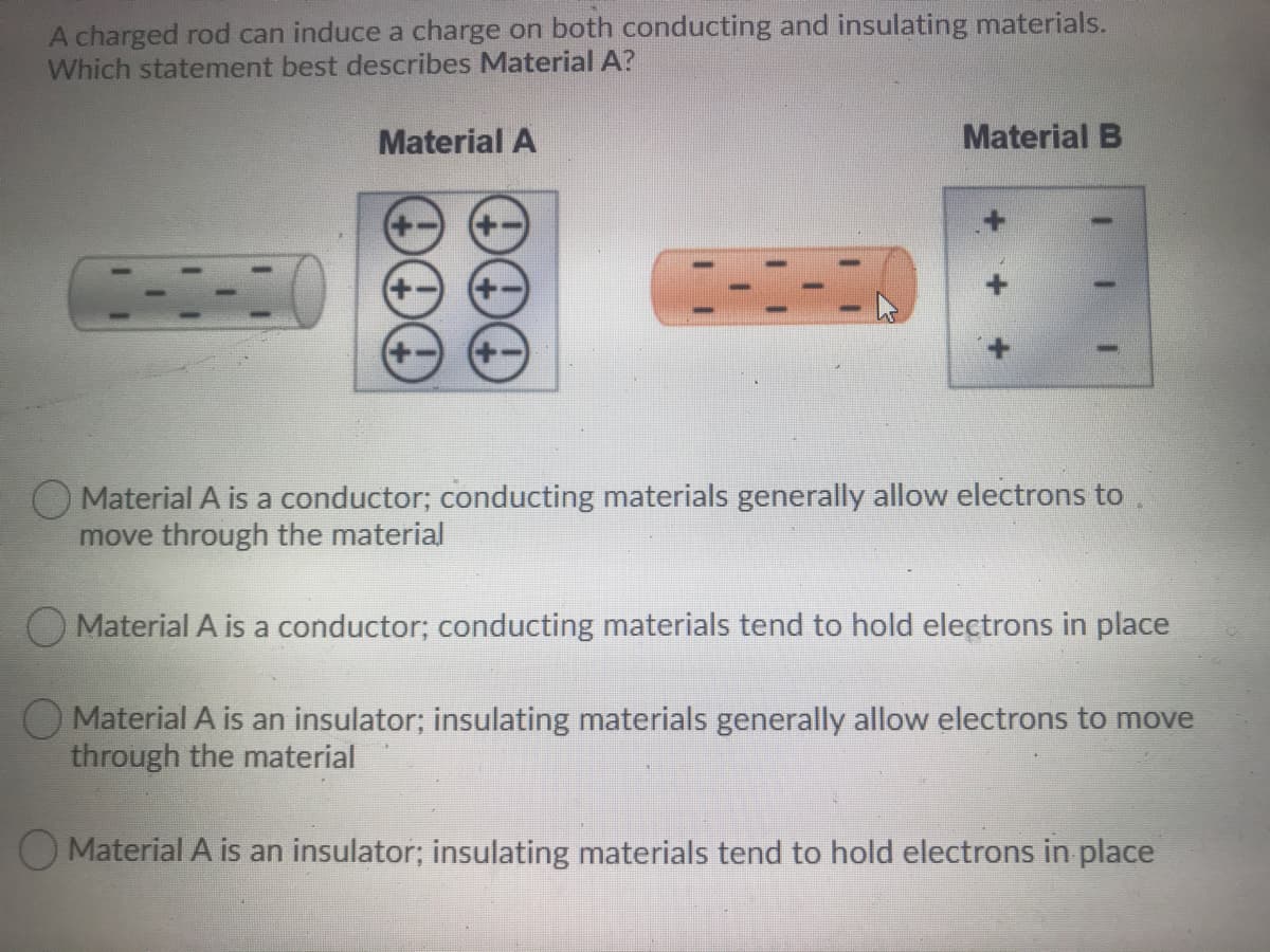 A charged rod can induce a charge on both conducting and insulating materials.
Which statement best describes Material A?
Material A
Material B
O Material A is a conductor; conducting materials generally allow electrons to
move through the material
O Material A is a conductor; conducting materials tend to hold electrons in place
O Material A is an insulator; insulating materials generally allow electrons to move
through the material
O Material A is an insulator; insulating materials tend to hold electrons in place
