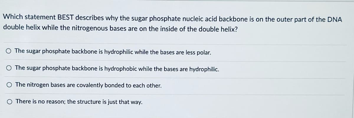 Which statement BEST describes why the sugar phosphate nucleic acid backbone is on the outer part of the DNA
double helix while the nitrogenous bases are on the inside of the double helix?
O The sugar phosphate backbone is hydrophilic while the bases are less polar.
○ The sugar phosphate backbone is hydrophobic while the bases are hydrophilic.
The nitrogen bases are covalently bonded to each other.
O There is no reason; the structure is just that way.